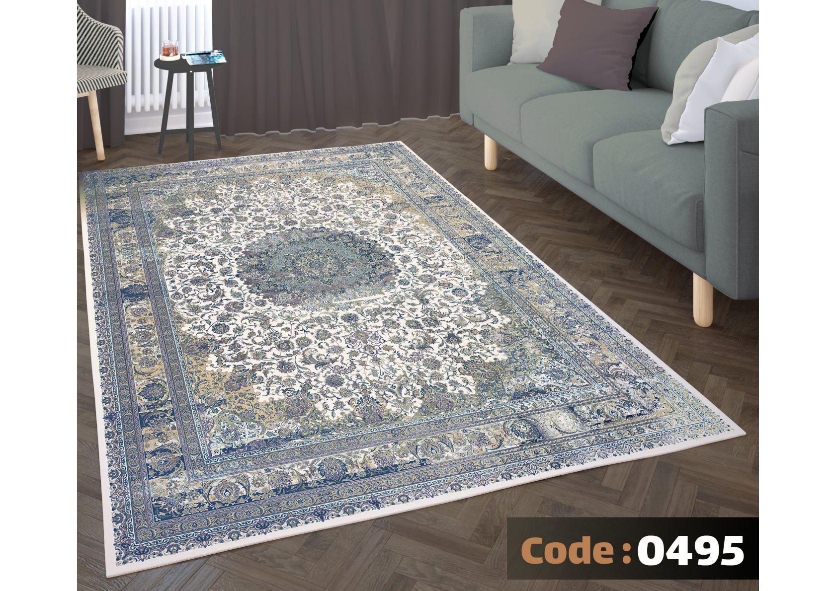 rofarshi-keshdar-shanel-code-0495 روفرشی کشدار نیلمانو شانل ترک گرم بالا طرح مدرن و کلاسیک گلدار و رنگ طوسی ابی کد 0495 - Image 1