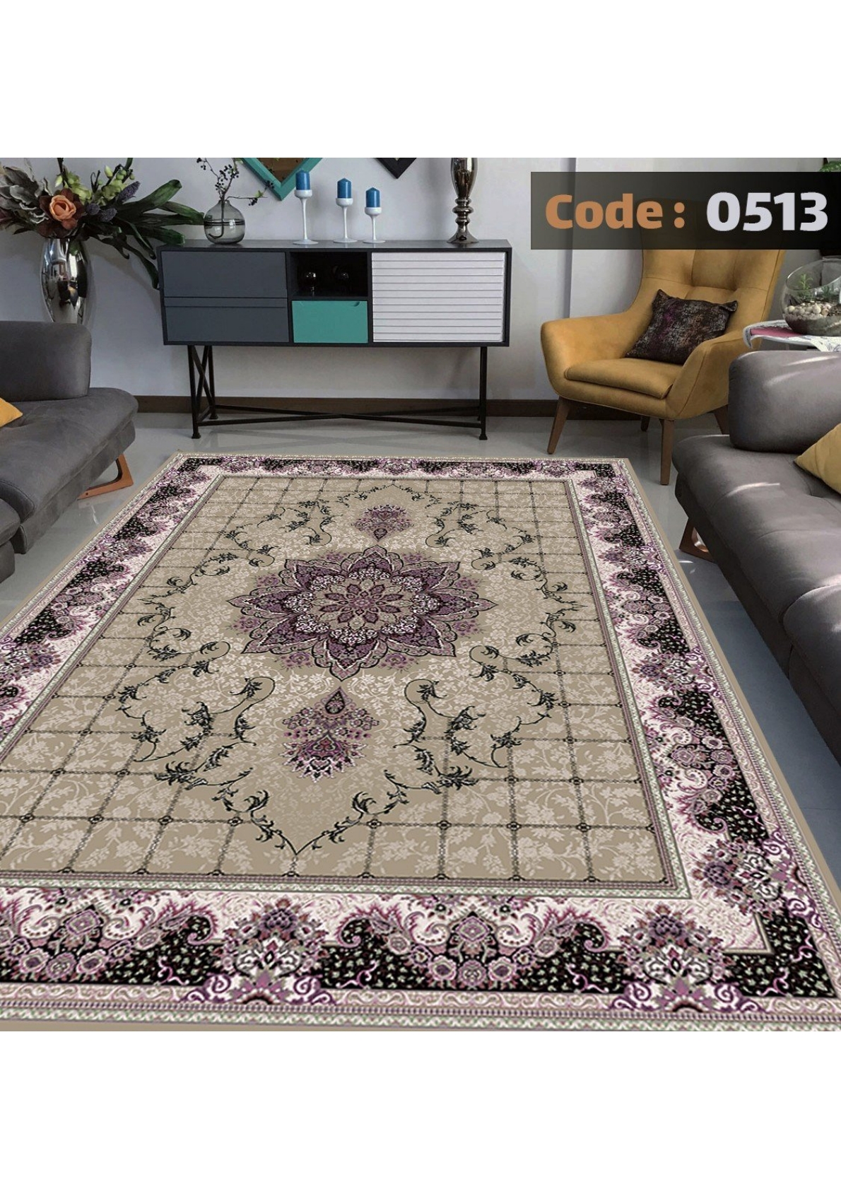 rofarshi-keshdar-shanel-code-0513 روفرشی کشدار نیلمانو شانل ترک گرم بالا طرح مدرن و کلاسیک گلدار و رنگ زیتونی کد 0513 - Image 1