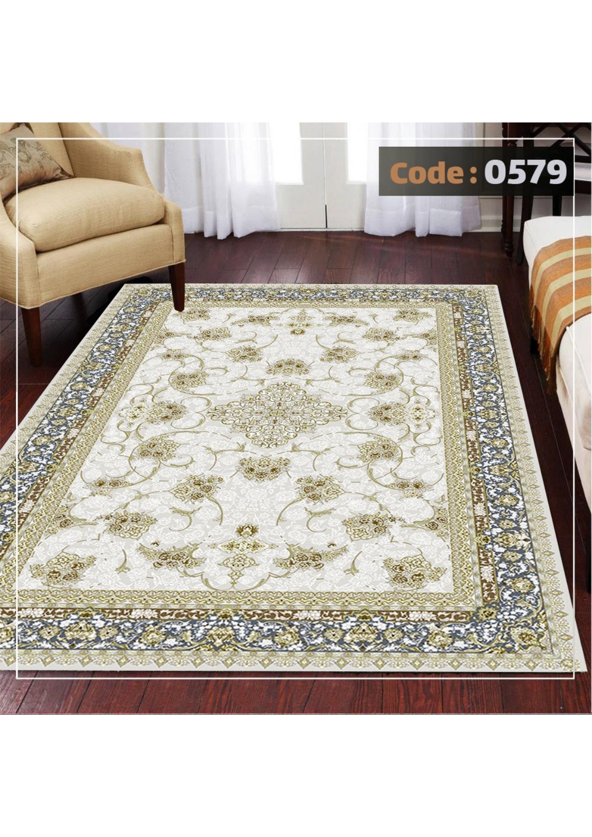 rofarshi-keshdar-shanel-code-0579 روفرشی کشدار نیلمانو شانل ترک گرم بالا طرح مدرن و کلاسیک و گلدار رنگ سفید و طلایی کد 0579 - Image 1