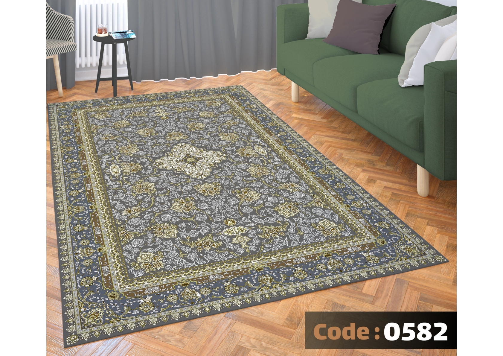 rofarshi-keshdar-shanel-code-0582 روفرشی کشدار نیلمانو شانل ترک گرم بالا طرح مدرن و کلاسیک و گلدار رنگ طلایی و طوسی کد 0582 - Image 1