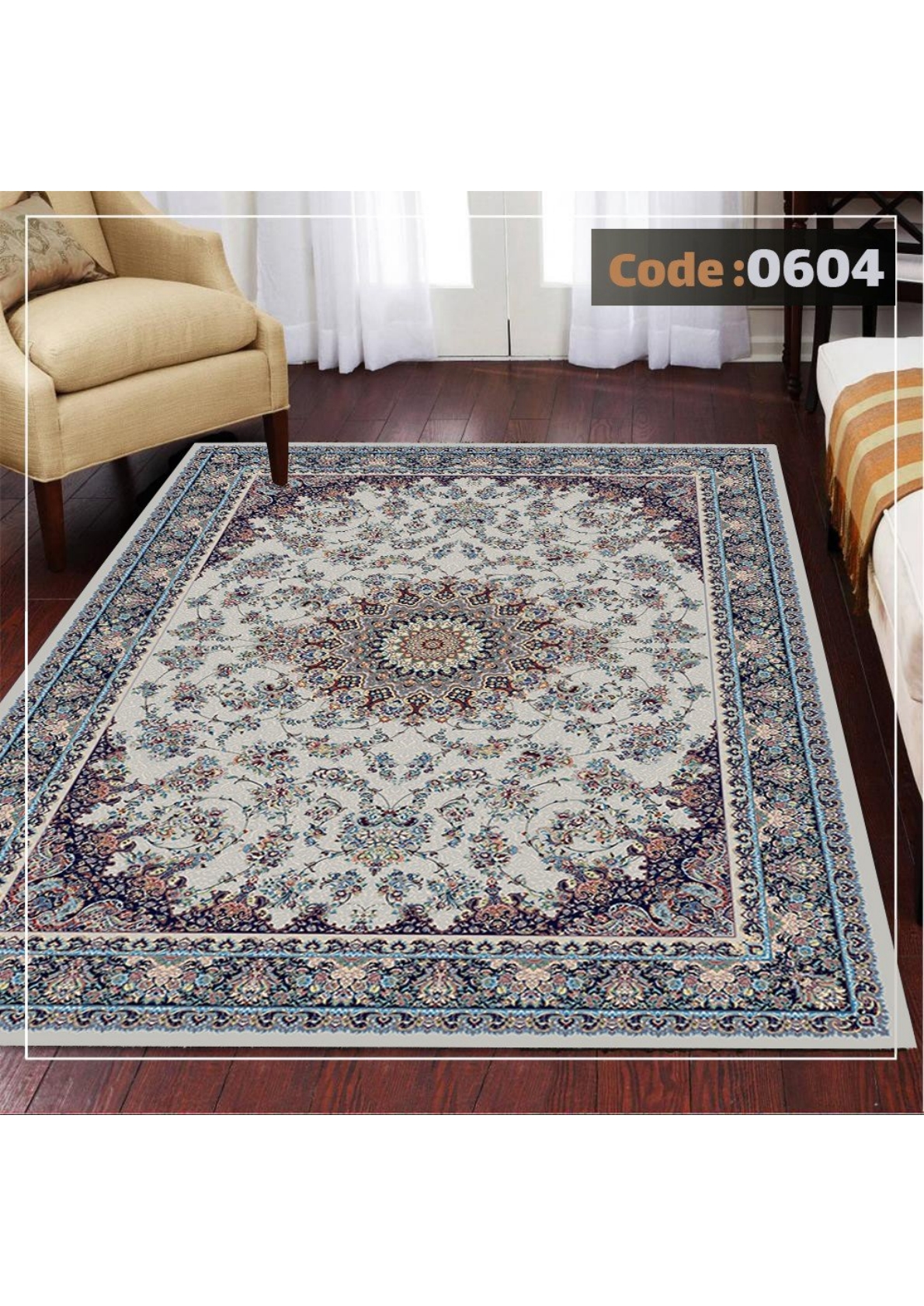 rofarshi-keshdar-shanel-code-0604 روفرشی کشدار نیلمانو شانل ترک گرم بالا طرح مدرن و کلاسیک و گلدار رنگ شیری کد 0604 - Image 1